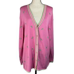 Quacker Factory 2X-Large Cardigan Sweater Button-Up Grasshopper Embroidered Pink